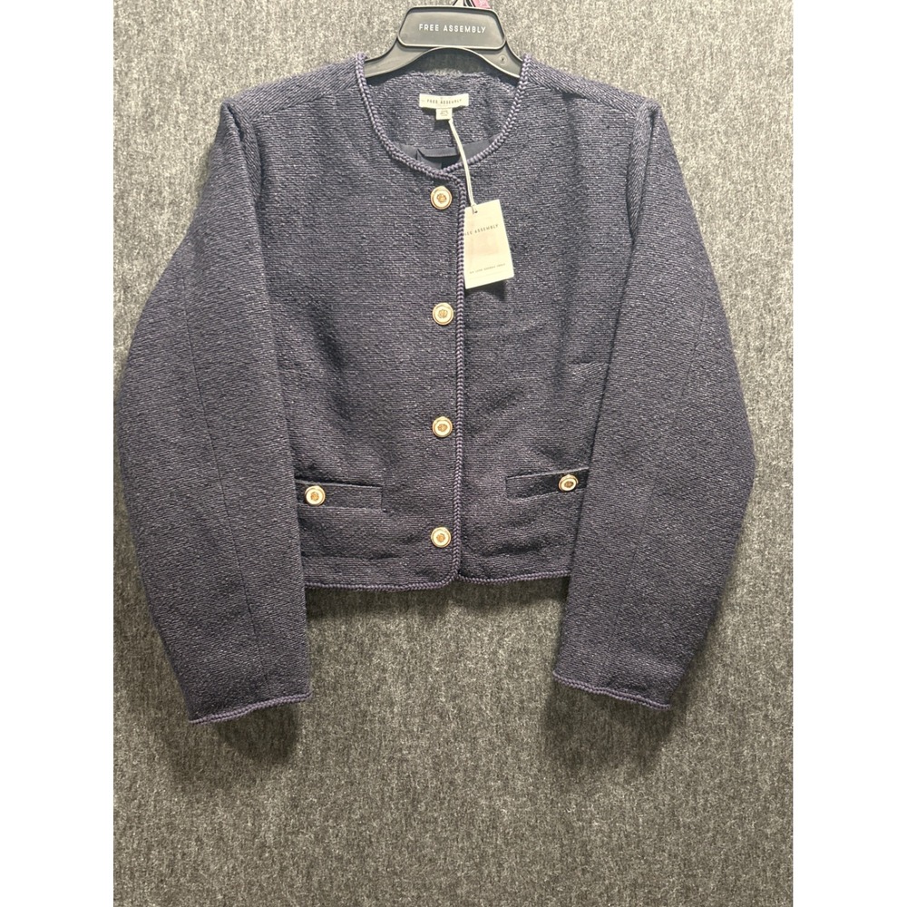 Free Assembly Darkest Navy LS Crew Neck Jacket XXL 20‎ Textured Gold Button NWT